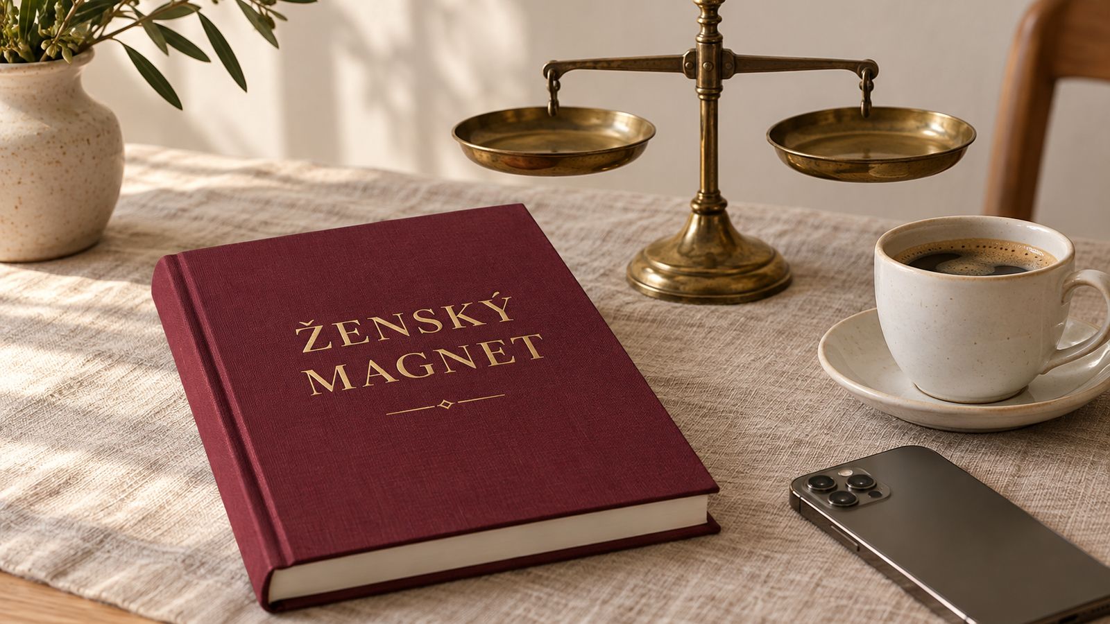 Kniha Ženský magnet na ľanovom obruse vedľa starej mosadznej váhy